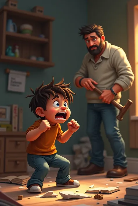 A small boy is standing with a frustrated expression on his face, clenched fists, and angry eyes. Behind him, we see a messy room with a few broken toys and scattered books. His father stands nearby, observing the boy with a thoughtful look on his face, ho...