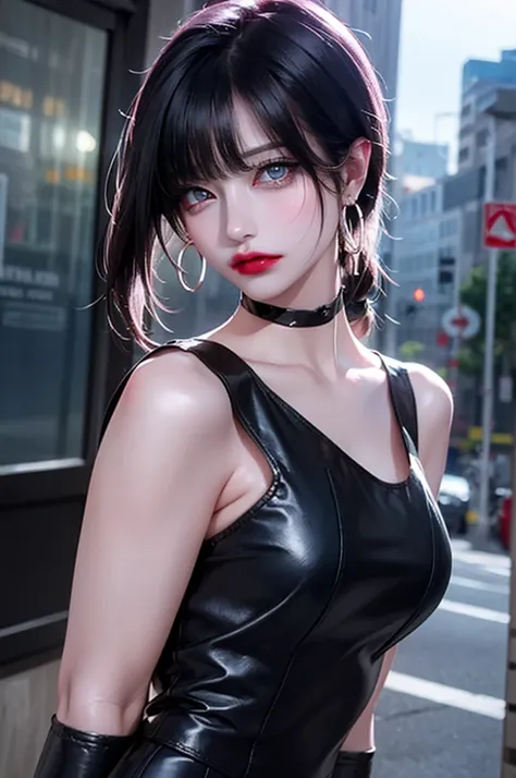 Hair above one eye, Red eyes, Clear Eyes, choker, Open jacket, Against the wall,Tire graffiti, Shineing tattoos, Shine, Neon Light, Black light,Anime Style, movie portrait photography, 1 female, 22 years ago, Whole Body Ezbian,Blue Eyes Background, Big and...