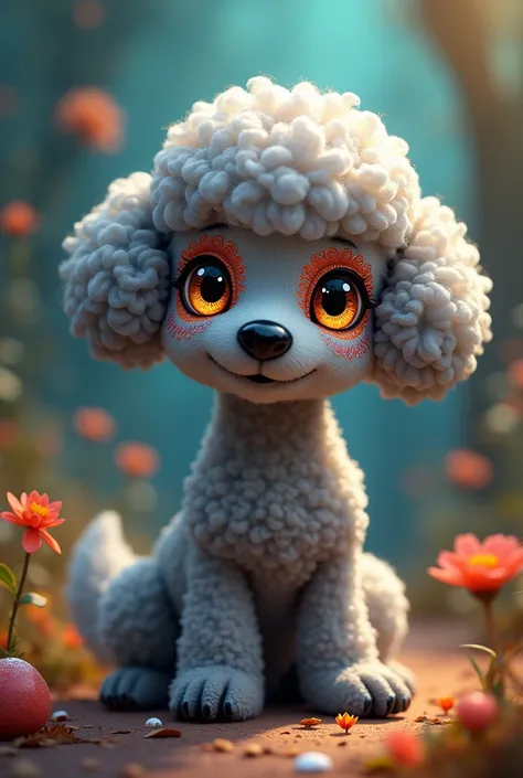 Small grey poodle dog, black nose, Brown eyes with alebrije features 