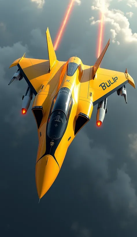 Heres a prompt for a Lamborghini-designed super fighter jet:

"A striking, high-performance fighter jet designed by Lamborghini, featuring the brands bold, angular aesthetics and aggressive styling. The jet has a distinctive, sharp-edged design with aerody...