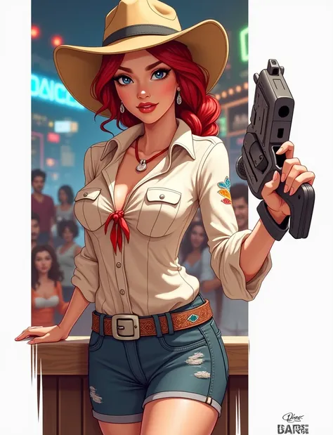 Jesse Wyfe, Red hair, Single Braid, Dark brown cowboy hat, knotted shirt,indian pattern, belt, Animal print pants, Looking at the audience, Smile, blush, Medium shot, At the bar, counter, holding a revolver, Neon lights, crowd, high quality, masterpiece,Pi...