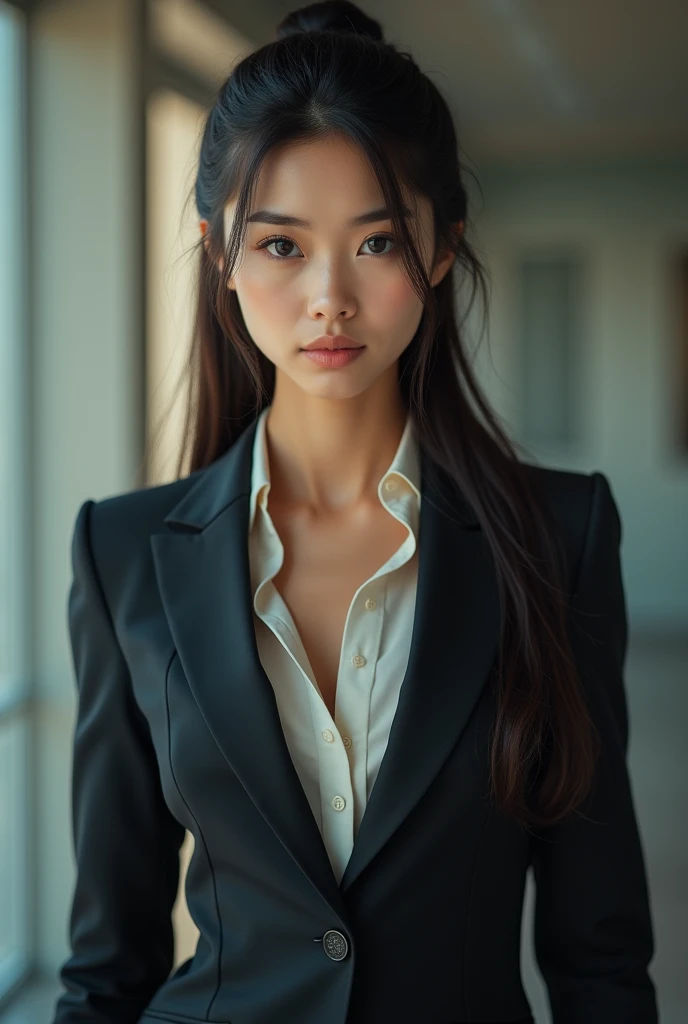 Long black hair, tied up, petite, best quality, wearing a suit while job hunting