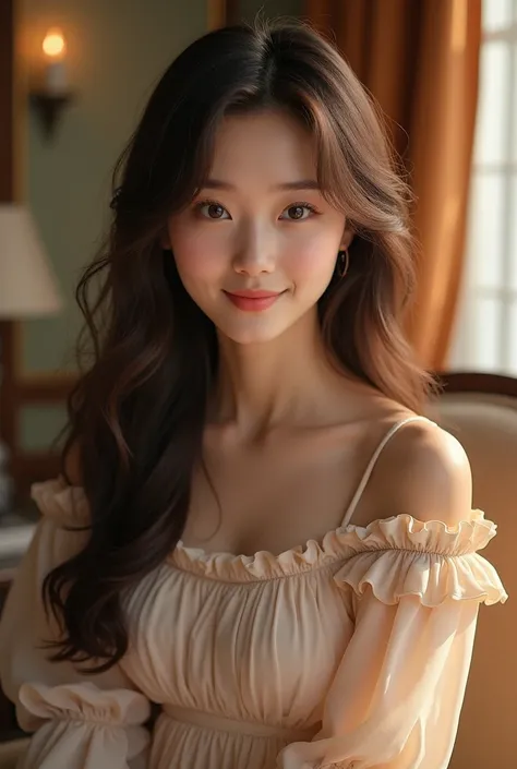 24-years-old,woman,long hair,Brown Hair,Fine skin,Japanese,Highest quality,Beautiful eyes,Beauty、smile、Thin bangs、Inside the room