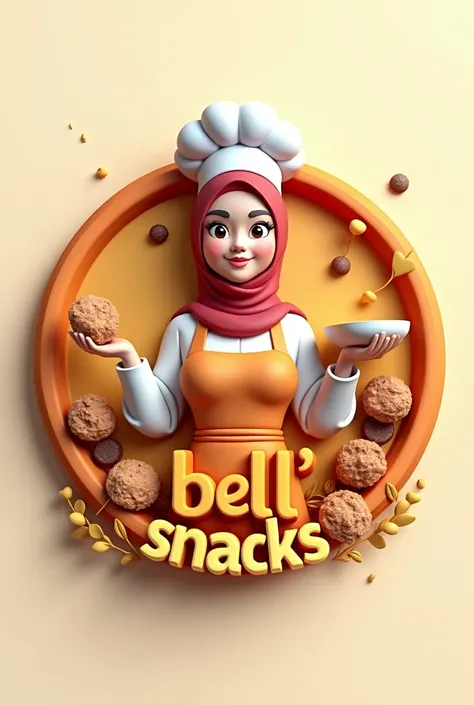 3d text logo that says “BELL&#39; SNACKS” at the bottom, with the mascot of a beautiful Indonesian woman wearing a hijab, wear apron, wearing a chef&#39;s hat, hand holding a pan, inside the circle, decorated with choco chips, melted soes and basreng.