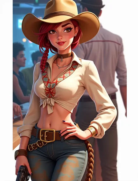 Jesse Wyfe, Red hair, Single Braid, Dark brown cowboy hat, knotted shirt,indian pattern, belt, Animal print pants, Looking at the audience, Smile, blush, Medium shot, At the bar, counter, holding a revolver, Neon lights, crowd, high quality, masterpiece,Pi...