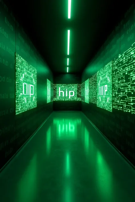 Create a background in the colors “GREEN AND BLACK” with several Internet network videos in a corridor with a color “GREEN AND BLACK” written several times “HIP” in the color “GREEN”