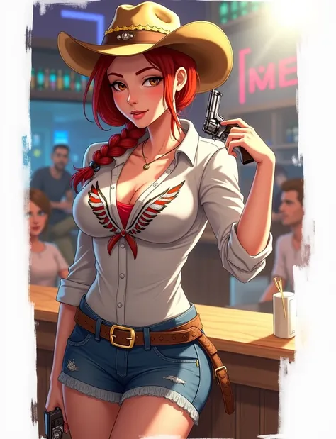 Jesse Wyfe, Red hair, Single Braid, Dark brown and yellow cowboy hat, blue denim shirt,indian pattern, belt, Animal print pants, Looking at the audience, Smile, blush, Medium shot, At the bar, counter, holding a revolver, Neon lights, crowd, high quality, ...