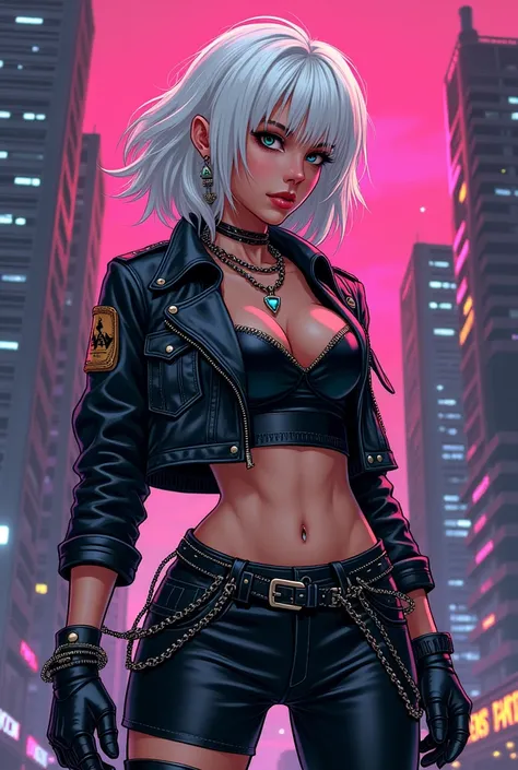 Create for me a female character with shoulder-length white hair who has a rock style, and look like a 2d game