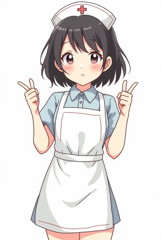 Create a kawaii line art style drawing of a girl with short black hair and bangs and a nurse outfit giving her thumbs up 