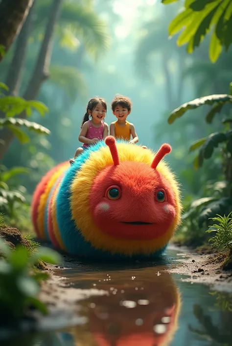 A giant, rainbow-colored caterpillar with colorful, soft fur walks on the ground with puddles of water. Two small children ride on its back while laughing cutely and adorable. The background is a tropical forest surrounded by green plants and in front of i...