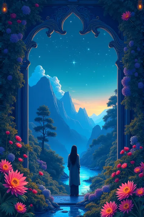 "A dreamlike and surreal scene inspired by the book &#39;Azul&#39; by Rubén Darío. It shows a magical landscape with exotic flowers, starry skies and vibrant natural elements. Includes a contemplative figure, maybe a poet or a melancholic person, in an env...