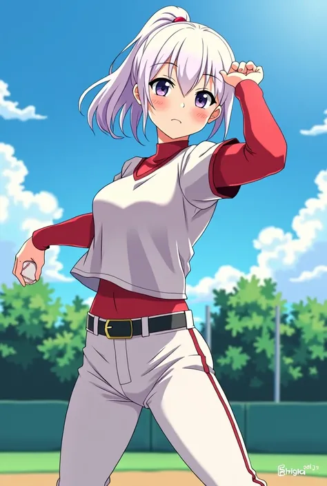 HD、Animation style、white hair 、Purple Eyes、girl、High school student 、Medium long single ponytail、Baseball player、Light color short sleeve top、Long sleeve red underwear、plump breasts、Good shape、Thin、black belt、Sky、cloud、sunny、Baseball field、pitching