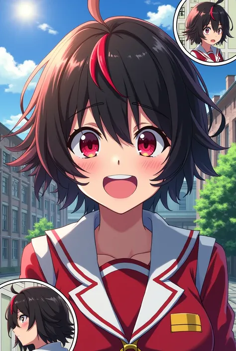 Screenshot of my hero academy girl with short hair and red highlights, bangs, red eyes, UA uniform, cheerful expression and various expressions and UA backgrounds 
