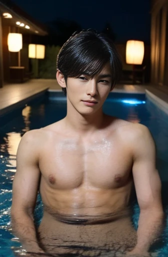 Japanese style hotel,Open-air bath at night,A well-built Japanese teenage boy,Cute face,Dark Skin,nude,Large erect penis,My whole body is wet