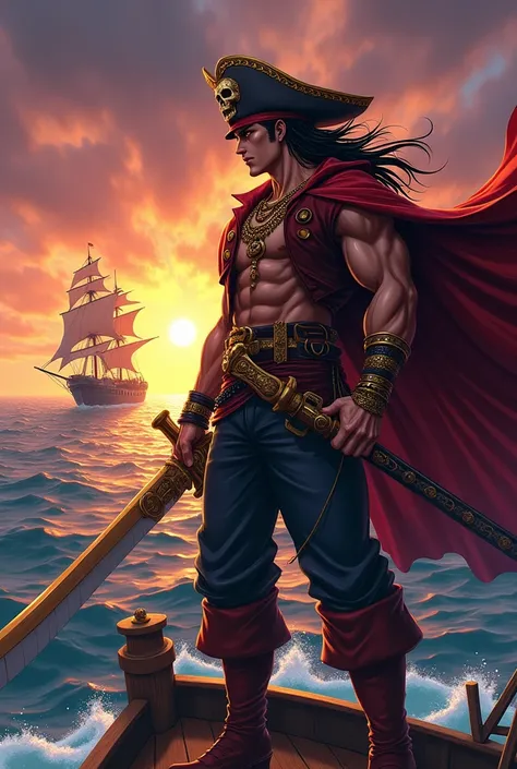 

"In a vibrant, action-packed scene, a stylized pirate, with the typical exaggerated look of anime **Jojos Bizarre Adventure**, is standing on the bow of a ship. He has defined muscles, with dramatic proportions and imposing posture. The pirate wears a tr...