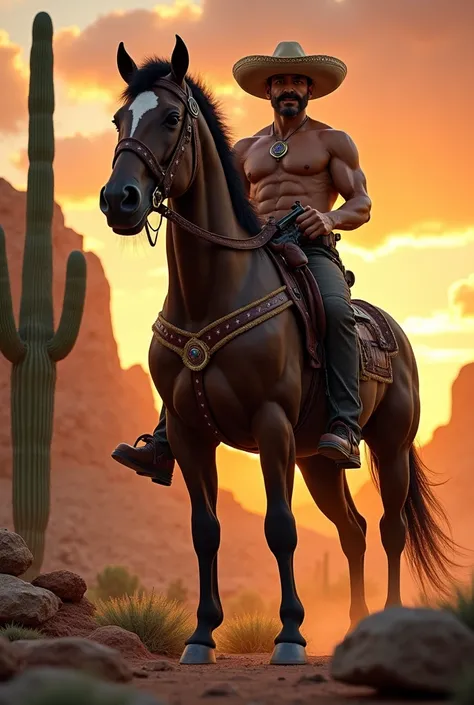 ((masterpiece, of the highest quality, High resolution, realist, RAW Photos, 8k)), ((Highly detailed CG synthesis 8k wallpaper)), a Centaur with the body of a horse and the torso and head of a strong and somewhat wide man, with a Charro hat with a Mexican ...