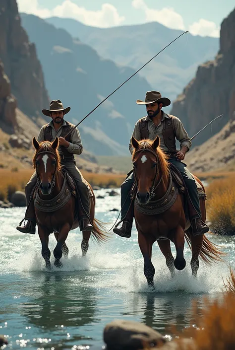 old wests, fishing on horses in a running river