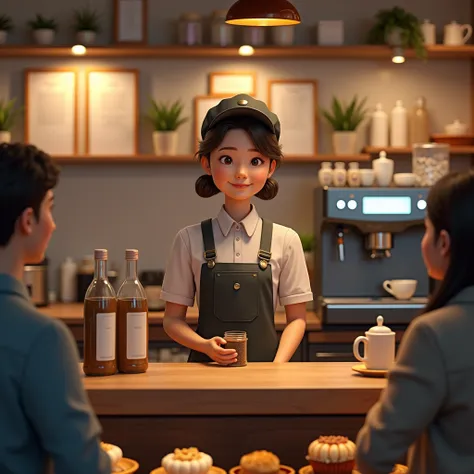 Girl Stands Behind Counter in Uniform Selling Coffee, Holding a Jar of Coffee, There is a queue of people, There are many different types of coffee on display, There is a coffee machine and mugs, Various Sweets in the Lower Showcase, Realism, Warm Atmosphe...