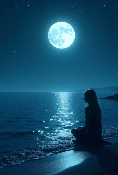 ("A very dark night by the sea, with a sky filled with countless bright stars and a full moon casting soft light over the scene. The moonlight reflects on the calm ocean, creating a shimmering silver path across the water. At the edge of the shore, the sil...