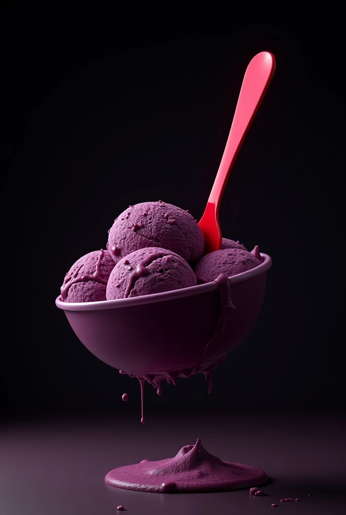 a large bowl of hyper realistic Brazilian acai fruit ice cream floating in the air with a black background, the color code for acai is #0A010F very dark, and there&#39;s a red spoon stuck upside down on top of the ice cream
