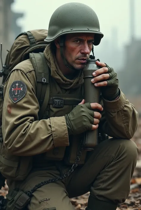 Soldier drinking from bottle
