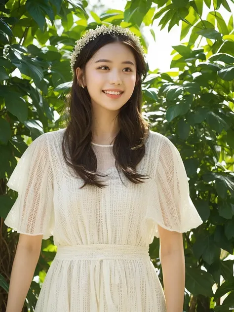 1girl,wearing white very thin loose-fitting dress, happy face , high_contrast,deep,kodak film texture, swing woven of white rattan, wreath on his head,relax,available light, the sun shines through the leaves,cast a mottled shadow , full body,