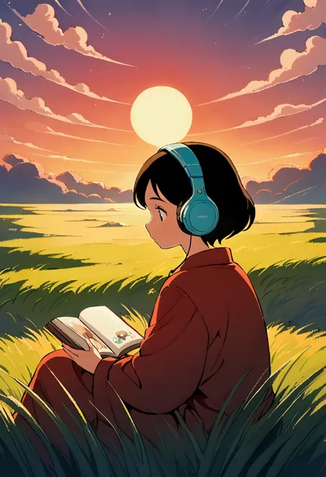 Cute  sitting on the lawn with beautiful flowers, (Medium Grass:1.3), Wireless headphones, Simple, I have a picture book, listen to music, Sunset sky, moon,スタジオGhibliスタイル, The grass sways sideways, Ghibli studio inspired, Whimsical, Airy, Calm, Calm, Chill...