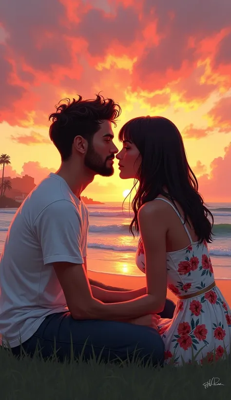 um casal, a white man with a beard and brown hair, Cao Cao, Scrawny. A brunette woman, with dark skin, latina, with long brown hair, straight with bangs. They are sitting on the grass, facing the sunset, Facing the sea. are in love, about to kiss. sky with...