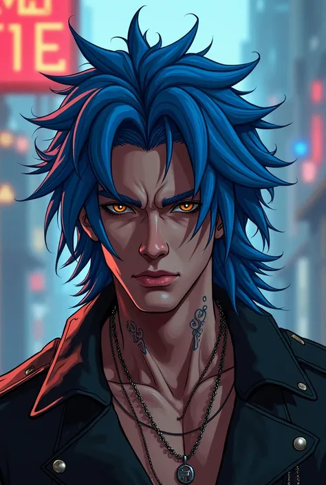 male character with long blue hair, who likes rock and looks like a 2D game character