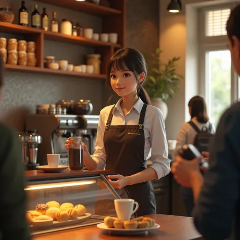 Girl Stands Behind Counter in Uniform Selling Coffee, Holding a Jar of Coffee, There is a queue of people, There are many different types of coffee on display, There is a coffee machine and mugs, Various Sweets in the Lower Showcase, Realism, Warm Atmosphe...