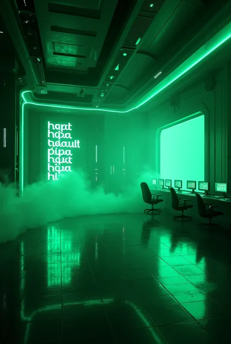 Create a futuristic background in the colors “GREEN AND BLACK” with the word “HIP” in various places in the control room with a very wide view and smoke coming out of the floor