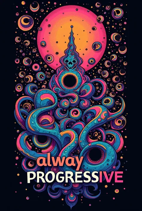 Psychedelic art black t-shirt with phrase “always progressive”