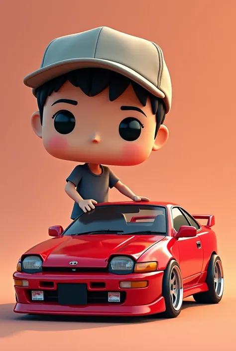 Thin adult with cap, Funko pop style showing his Toyota Celica car year 1993 tuning red to the floor
