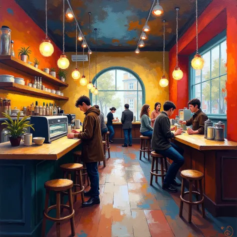 Coffee Shop, palette knife painting art style, bold textures, impasto effects, expressive strokes, vibrant colors, dynamic compositions, professional-grade finish, adds depth and dimension, creates tactile quality, immersive texture, contemporary aesthetic...