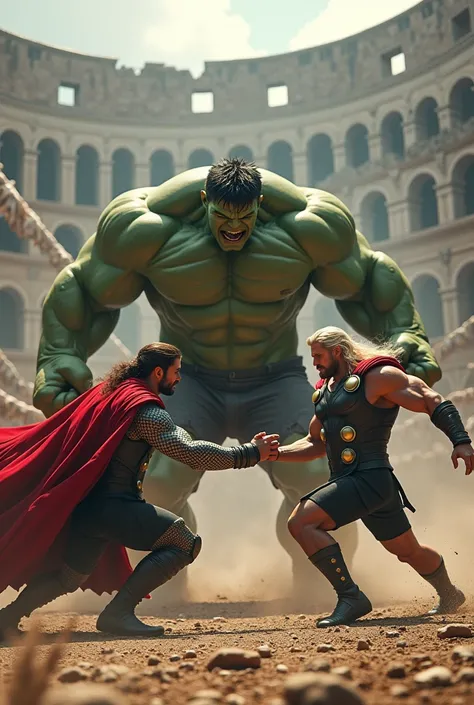 Hulk fighting thor in a Colosseum. Both dressed in roman outfit