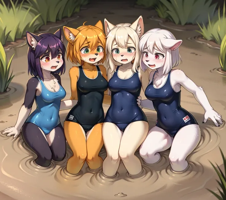 furry1.5, anthro female, HD, multiple girls lesbians, Yuri, best quality, HD, full body, sexy breasts, borzoi girl, cocker spaniel girl, old school swimsuit, swimsuit, wet, blush, 5girls, 5girls holding hands, group peril, multiple girls, 5girls together, ...