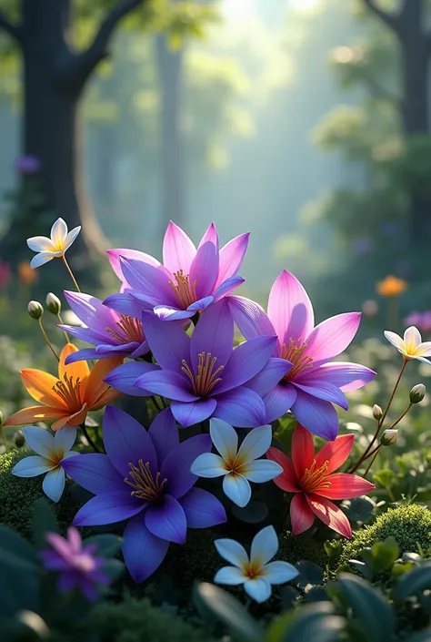 Image of purple flowers, yellow, red, white and light blue in a beautiful forest 