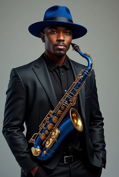 A real poho of a 2 black male, Mid built, no facial hair, in blue brim hat, Hat tilted to the left side black suit, holding a blue and gold saxophone 