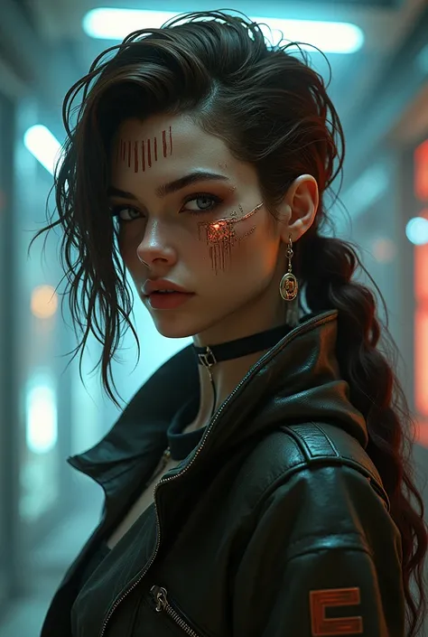 Cyberpunk style, Skylar Deckard, Netrunner, blind scarred eyes, 
light circuit patterns, brown hair, side hawk long hair, female, casual clothes, 
barcode on forehead