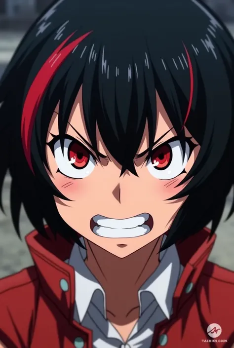 Screenshot of my hero academy girl with short hair with red highlights, bangs, red eyes and her furious expression suit 
