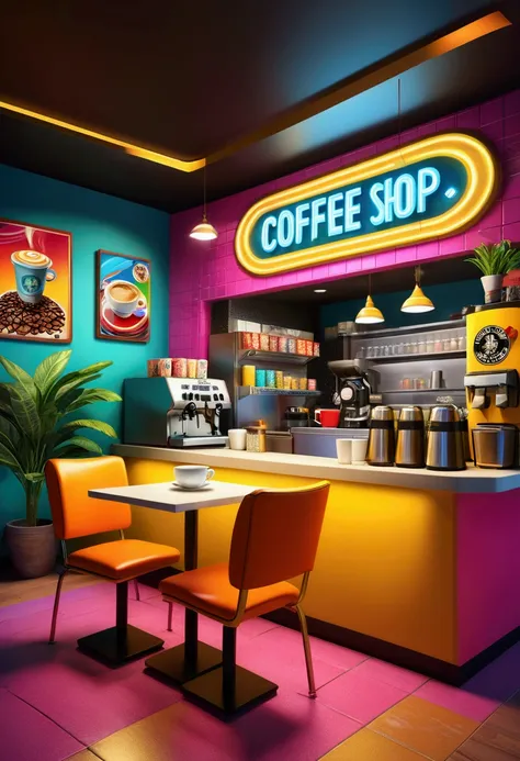 Coffee Shop, GTA style artwork。Satire、exaggerate、Pop Art Style、Vibrant colors、Iconic characters、Dynamic, (best quality, masterpiece, photorealistic), very aesthetic, perfect composition, intricate details, ultra-detailed, vivid colors