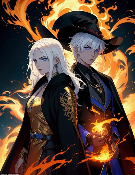 Fiery and intense scene depicting two characters, one with vibrant white hair and distinct blue eyes, dressed in a dark robe with gold accents and holding a large pendant. The other, wearing a formal black suit with a matching hat and gloves, projects a dr...