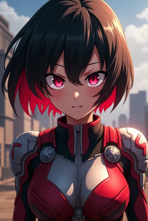 Screenshot of my hero academy girl with short hair with red highlights, bangs, red eyes and her furious expression fight suit 
