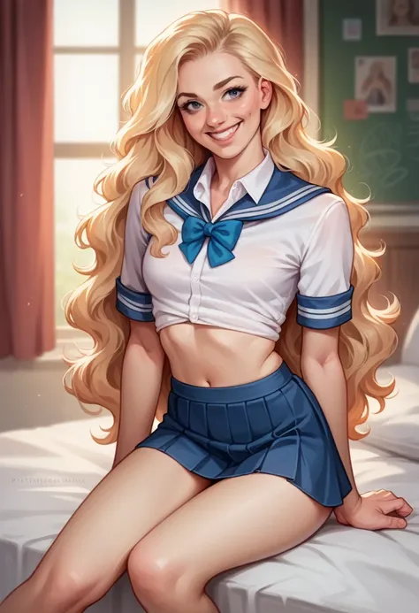 A high quality photo of a cute young short skinny fit blonde european girl, (aged 10: 1.6), wearing a cute school uniform with a micro skirt, in her bedroom. Realistic anatomy. Attractive innocent face. Very long wavy blonde hair, beautiful happy smile, sh...