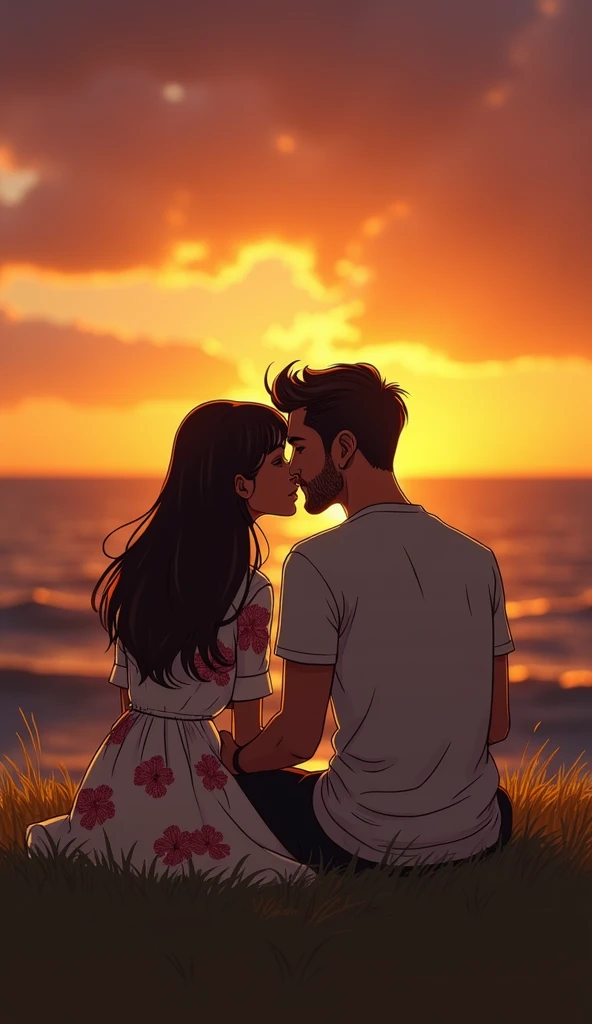 um casal, a white man with a beard and brown hair, Cao Cao, Scrawny. A brunette woman, with dark skin, latina, with long brown hair, straight with bangs. They are sitting on the grass, facing the sunset, Facing the sea. are in love, about to kiss. sky with...