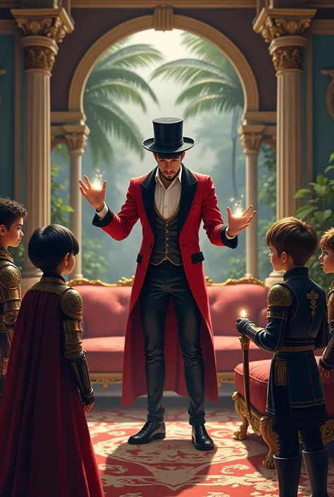 Help me create an image in which there is a magician dressed in black pants, White shirt, a red suit and a black hat with a black ribbon in the middle in the living room of a bareque house with a palm roof and with three children. One male, MORENO con shor...