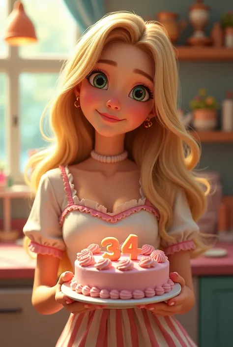 A blonde woman, with long hair combed to the side, green-eyed, slightly pulled, looking at the camera , slightly long nose, a slight sideways smile , with pink confectioner&#39;s clothes written "pricake" , she is holding a cake with the number 34 on top. ...