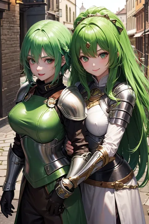 cute knight girl wearing armor, two heads, green hair, red hair, big eyes, perfect green eyes, warm light, cobblestone road, outside, smile, happy