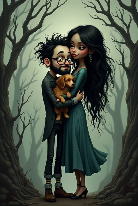 Create a Tim Burton style image where the man is short with black hair and beard and black glasses. The woman is a tall young woman with dark skin and black hair hugging a shepherd dog 