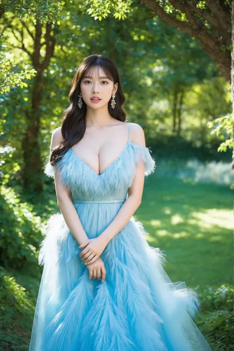 “((Largebreast)),In a magical forest bathed in soft sunlight, Erika walks lightly along the path. The camera is positioned at her side, capturing the gentle movement of her light blue tulle dress as it sways in the wind. The transparent crystal earrings sp...